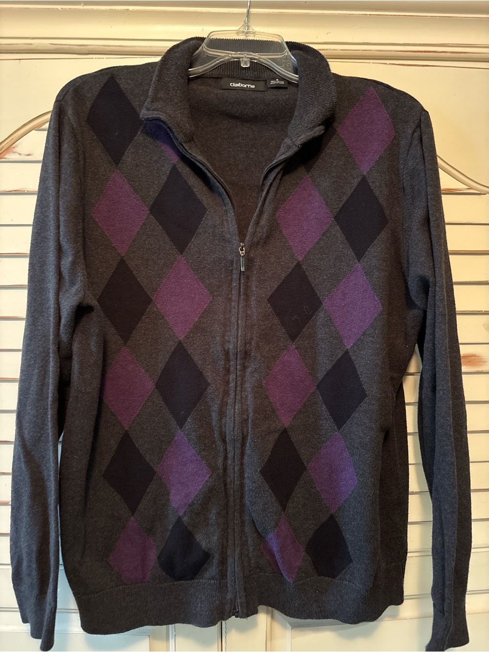 Claiborne unisex Charcoal Gray Full-Zip Argyle Sweater with Purple Accents